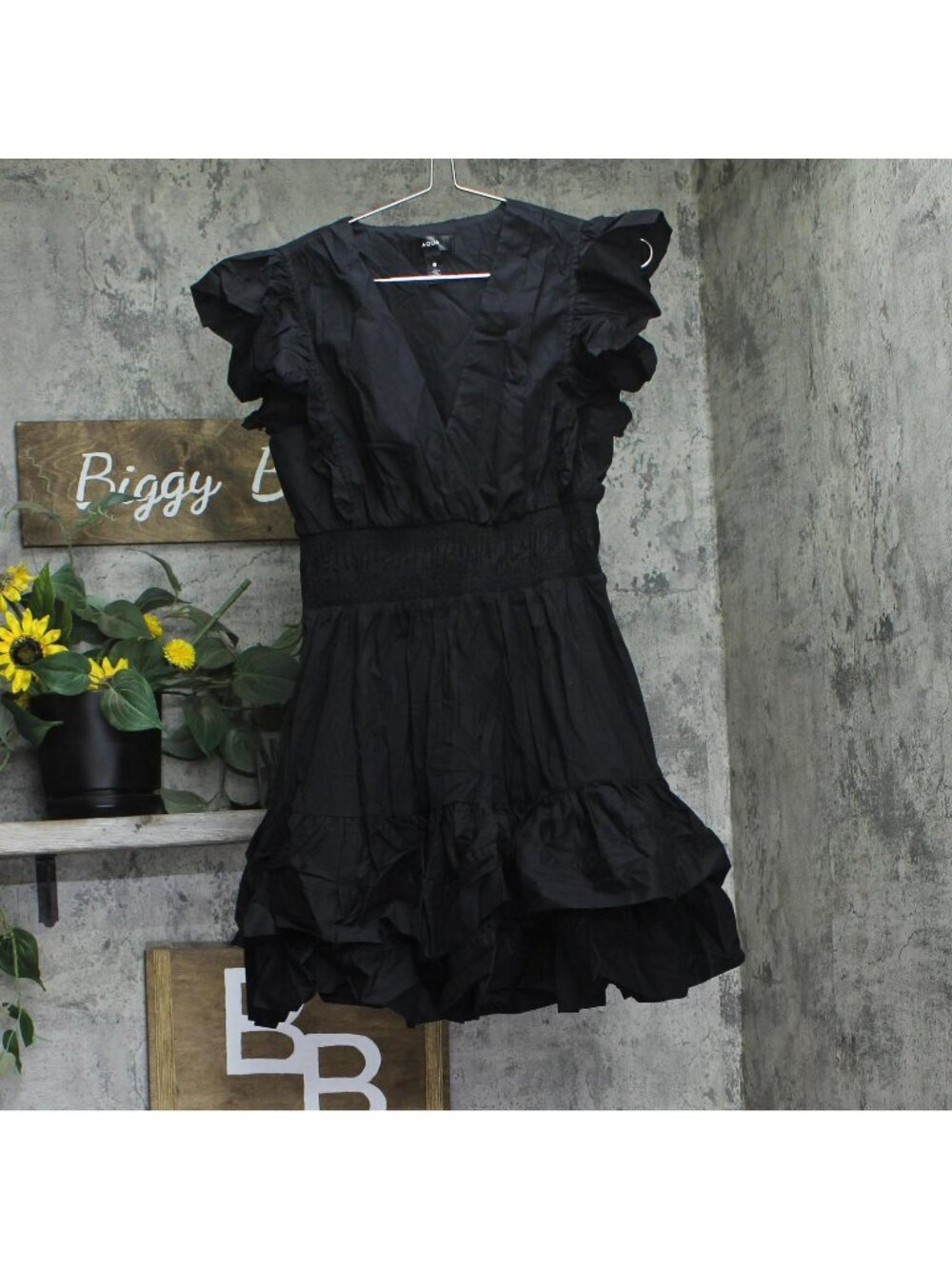 Aqua Womens Cotton Woven V-Neck Babydoll Mini Dress Black M